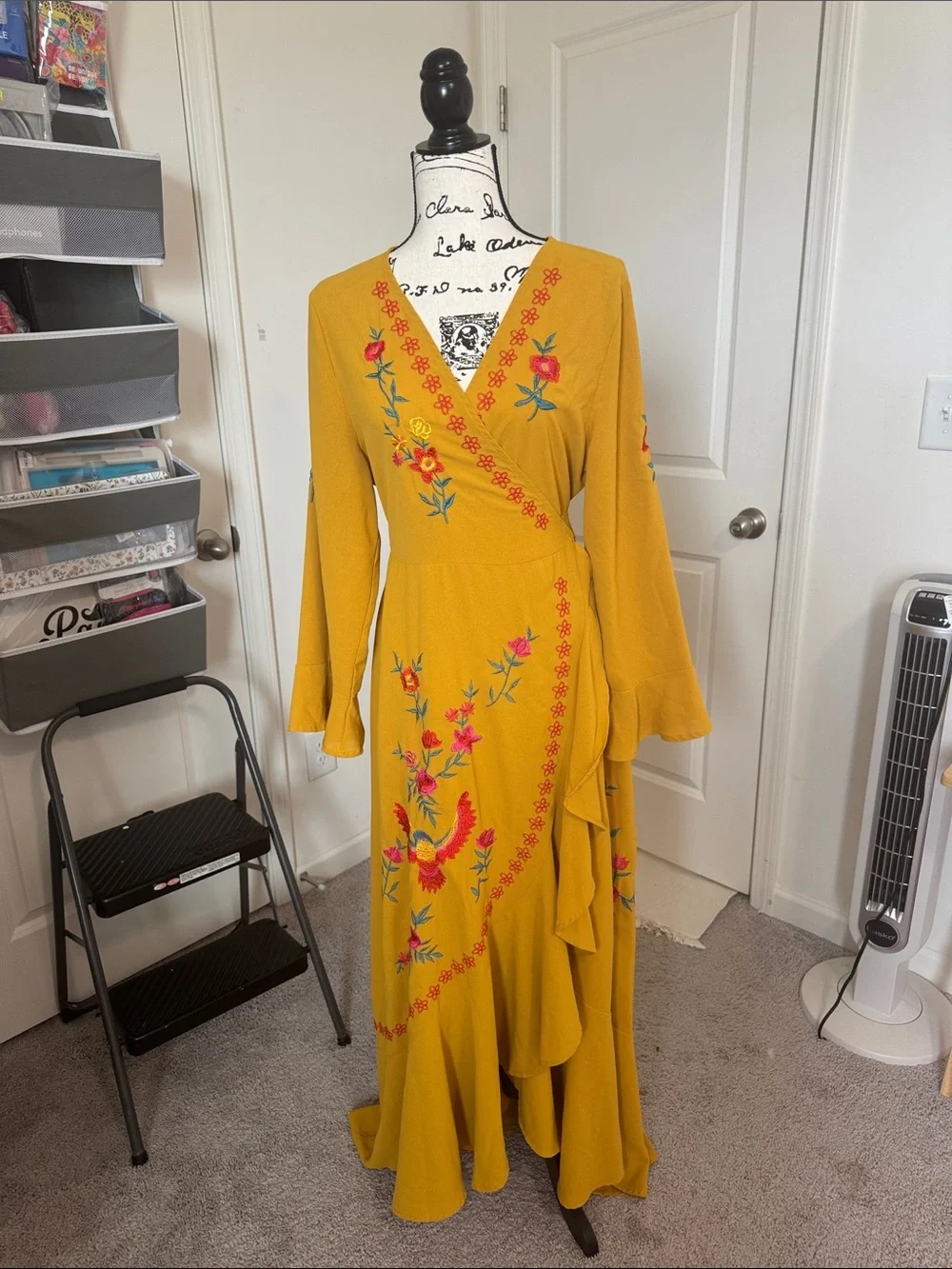 Embroidered Mustard Wrap Maxi Dress - Women PTP 18 to 23 length 55 in front - Picture 2 of 5